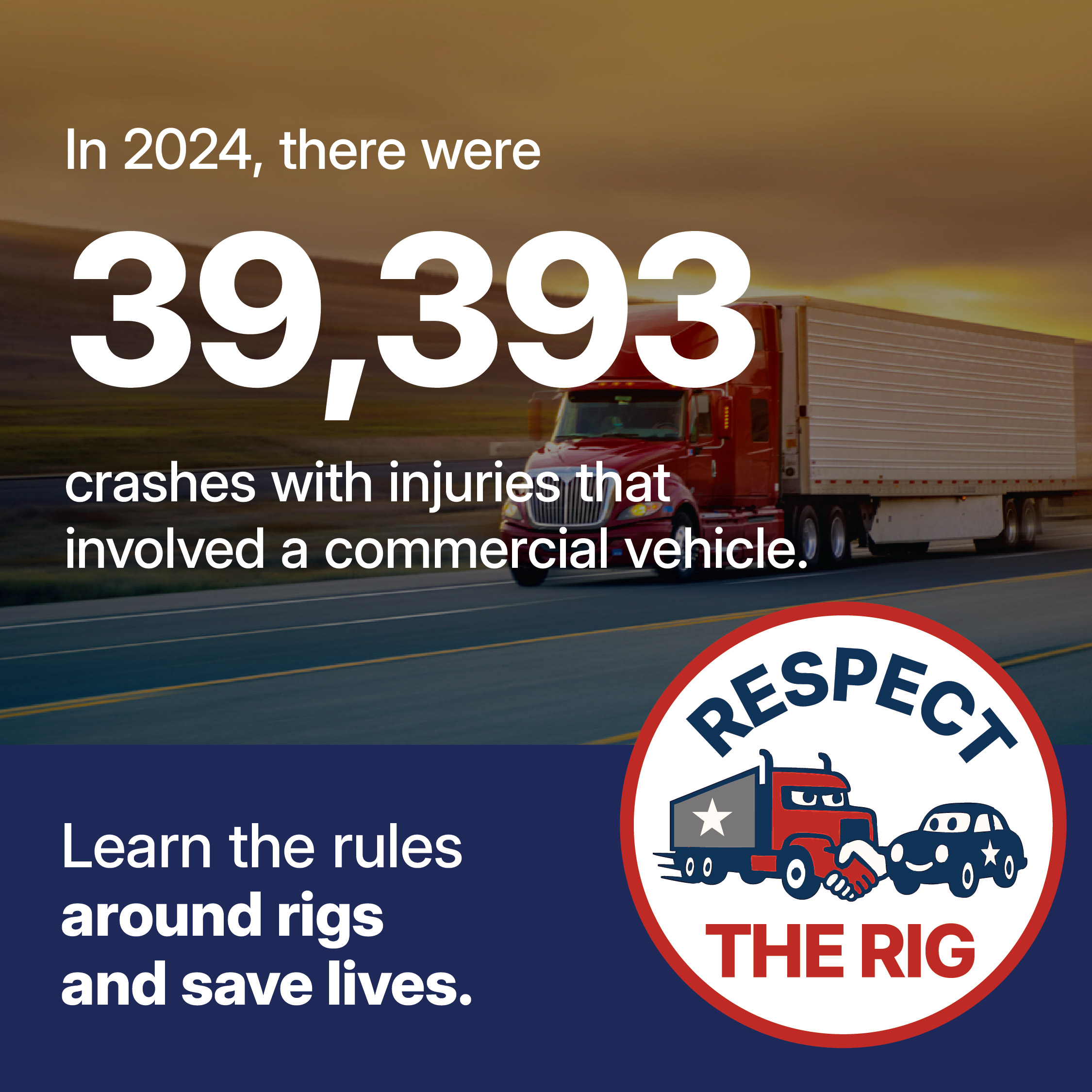 In 2024, there were 39,393 crashes with injuries that involved a commercial vehicle. Learn the rules around rigs and save lives.